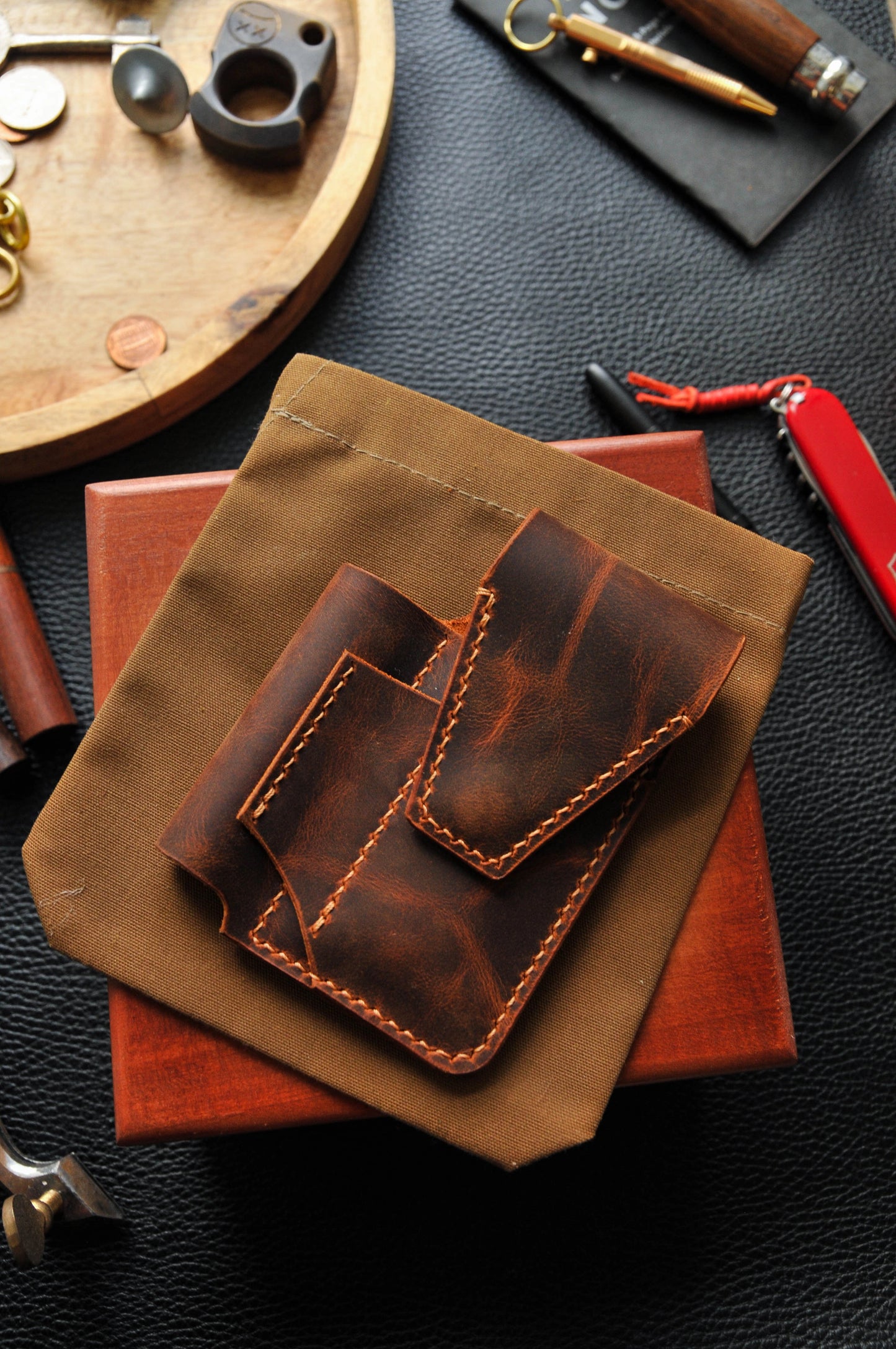 Leather sheath for Victorinox Spartan knife, Victorinox EDC, leather EDC pouch, EDC pouch for flashlight, Fisher pen bullet, tactical pen