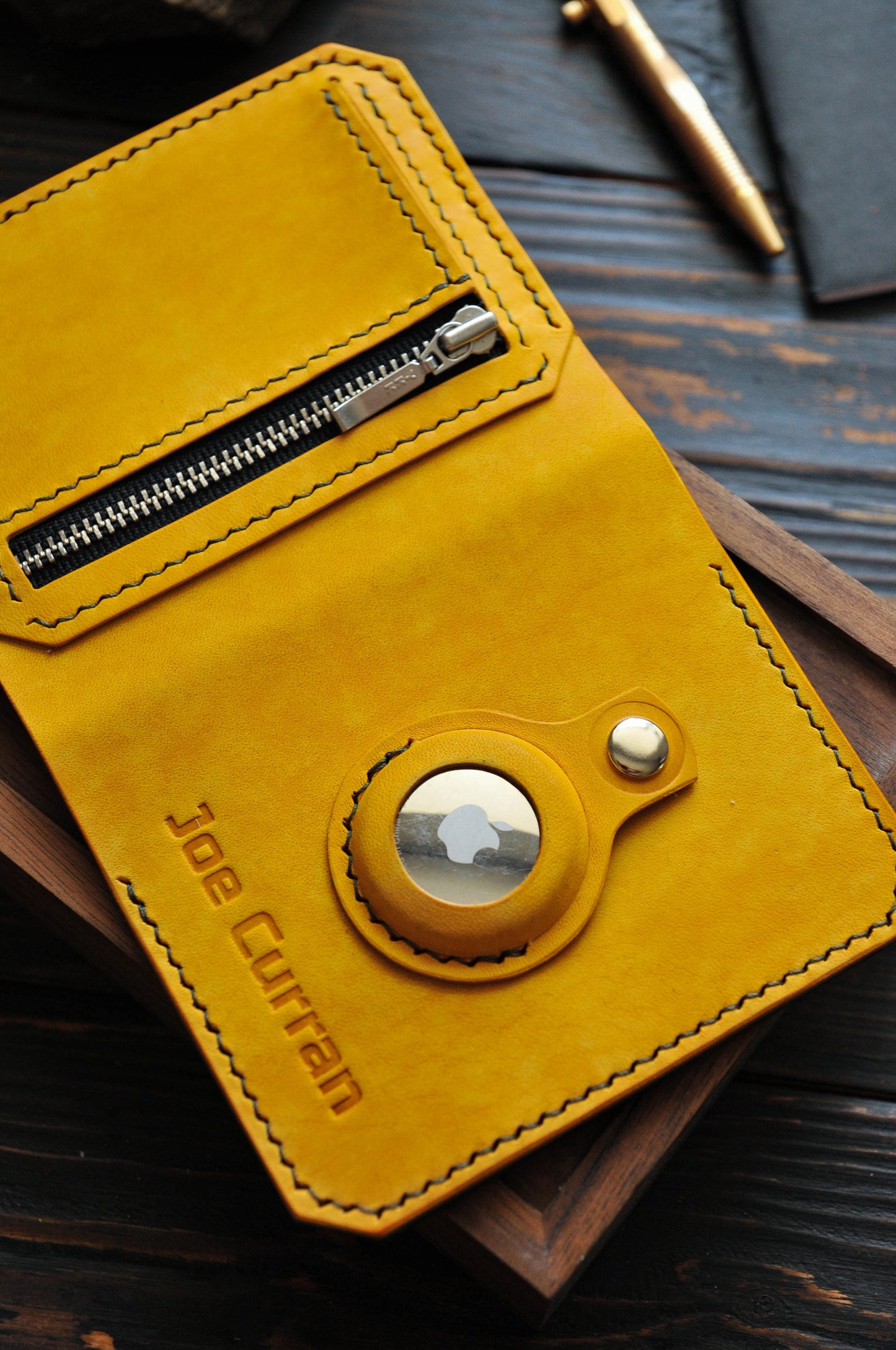 Yellow leather wallet for Apple AirTag