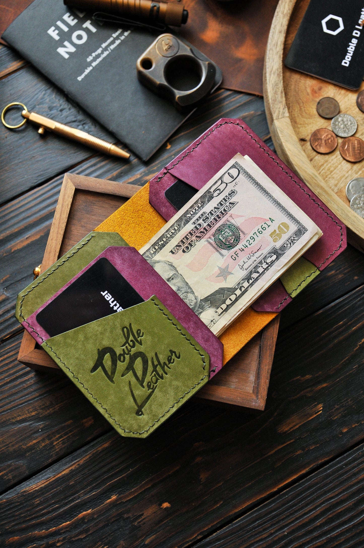 Yellow leather wallet for Apple AirTag