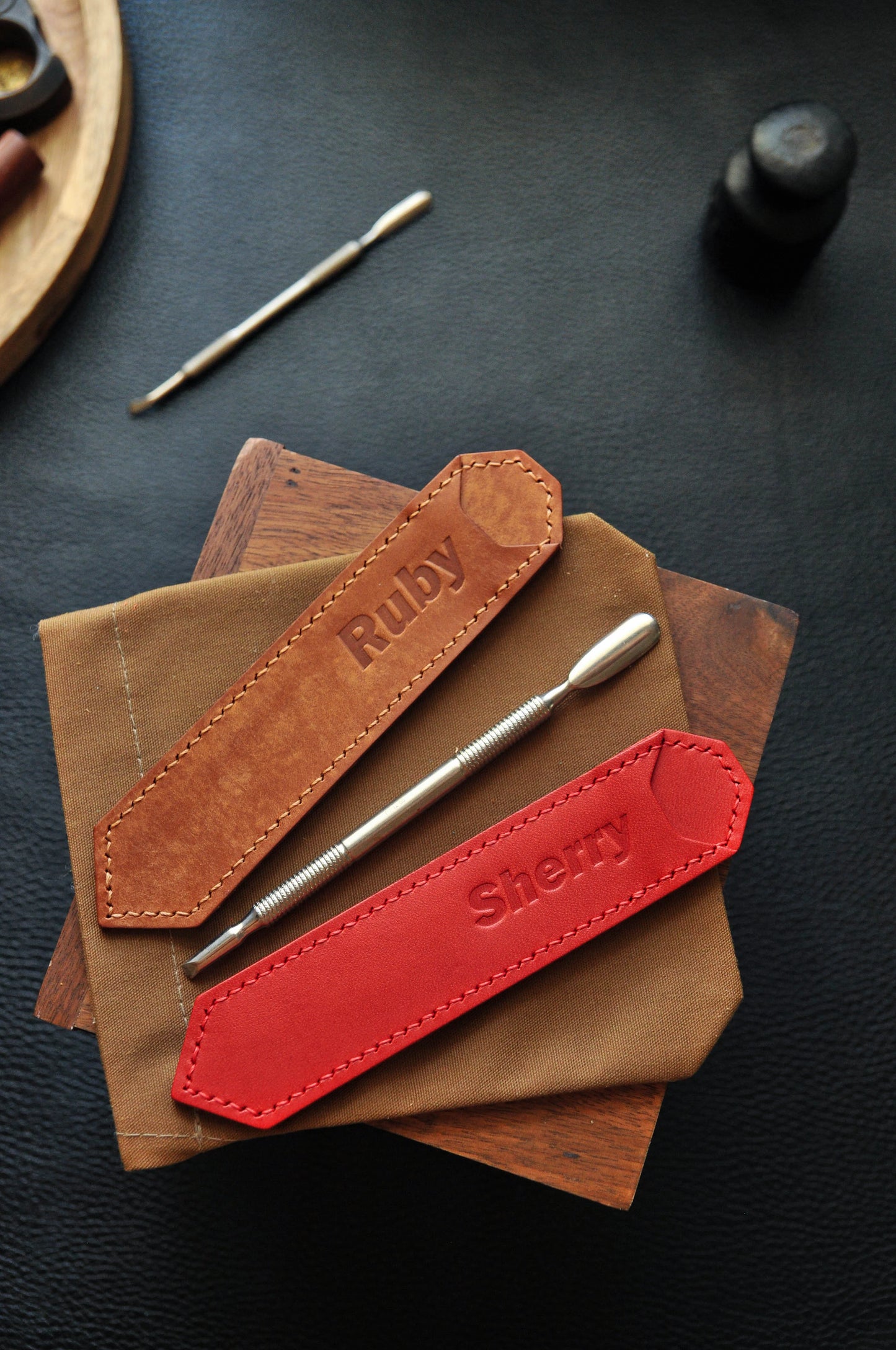 Personalized cuticle pusher case,  leather cuticle pusher holder