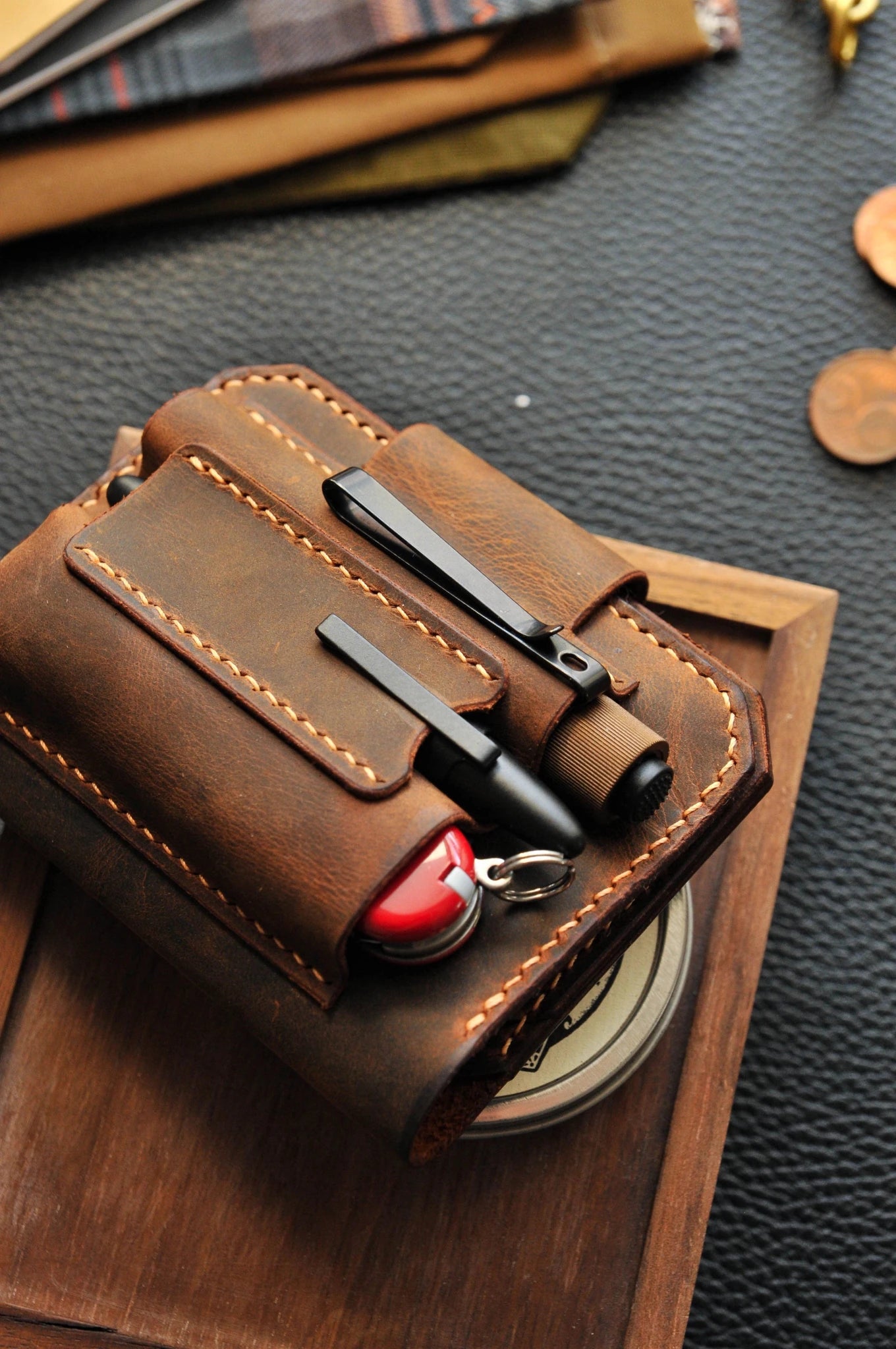 EDC wallet, EDC Pouch, EDC Organizer, Victorinox Spartan, Fisher pen Bullet, , leather edc (Copy)